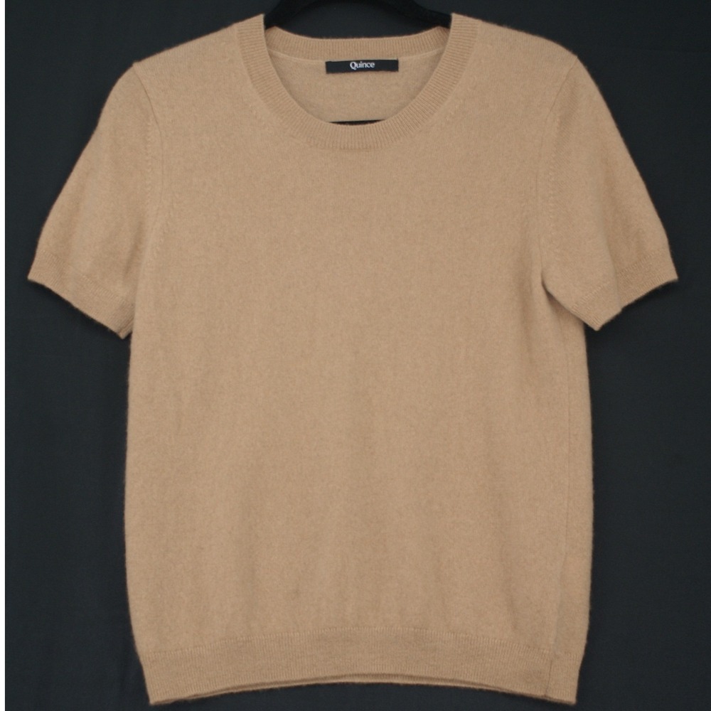 Quince Women's 100% Mongolian Cashmere Tee Sweater Camel Tan Size M Short Sleeve